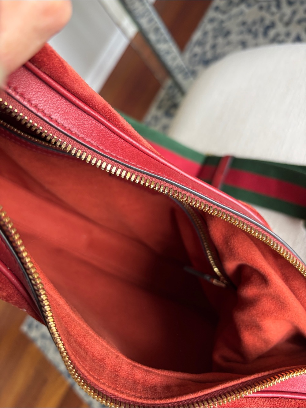 Gucci Orange Red Suede Shoulder Bag with Green-Red Web Strap - Picture 9 of 13
